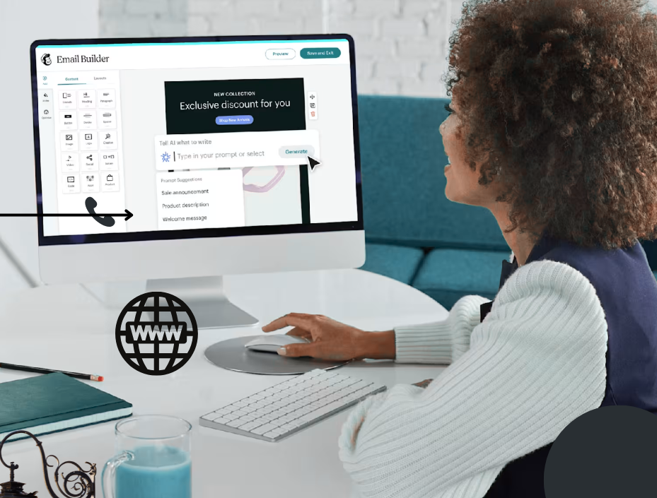 This image shows a woman seated at an office desk, working on a desktop computer with an “Email Builder” dashboard open. The screen displays a promotional email ad with “Exclusive discount for you.” On the desk, there is a keyboard, book, and glass. The www (web) symbol below the screen represents website and digital marketing activity. This picture illustrates the concept of professional email advertising and the role of websites in modern digital marketing.