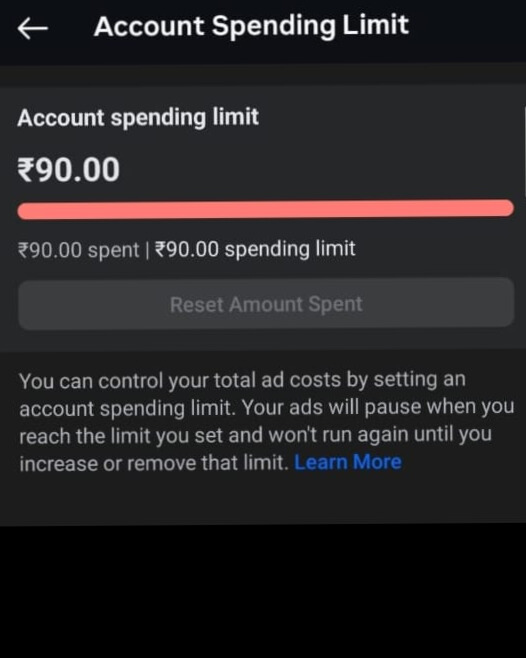 Screenshot of my Meta Ads account spending limit set to ₹90, showing that I used the full ₹90 budget and the ads automatically paused after reaching this limit.