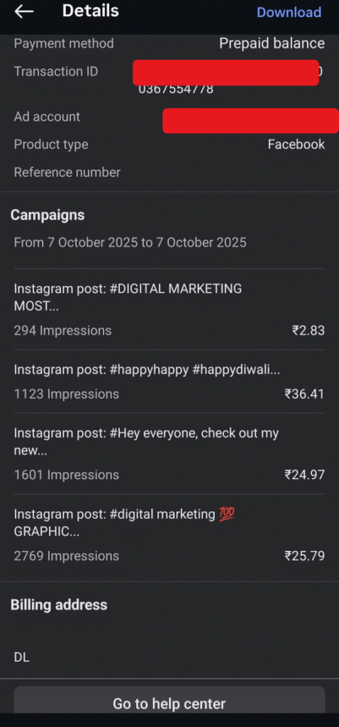 Screenshot of my Meta Ads billing details showing multiple Instagram campaigns with their impressions and costs, including 294, 1,123, 1,601 and 2,769 impressions with different rupee amounts spent.