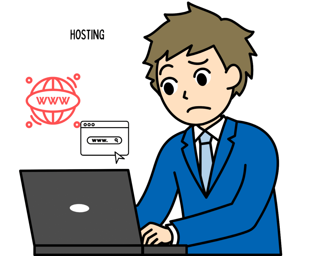 your paragraph text (4) The word “HOSTING” at the top and the red globe with “WWW” plus the browser window icon represent a website being connected to the internet through hosting.The person in a blue suit working on a laptop looks a bit confused or focused, which can symbolize a beginner trying to understand or set up hosting for their new website.